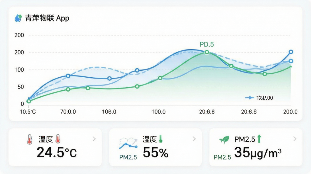 主体:青萍物联App的环境数据监测界面,展示温度、湿度、PM2.5等数据曲线图。布局:曲线图占据屏幕上半部分,下方为当前数据卡片,整体上下结构。排版:图表线条流畅,数据点清晰,卡片式布局。风格:清新简洁,背景为白色,图表以蓝色和绿色为主。细节:曲线图带有时间轴,数据卡片显示“温度 24.5°C”“湿度 55%”“PM2.5 35μg/m”。画质:高清,干净,无多余元素。