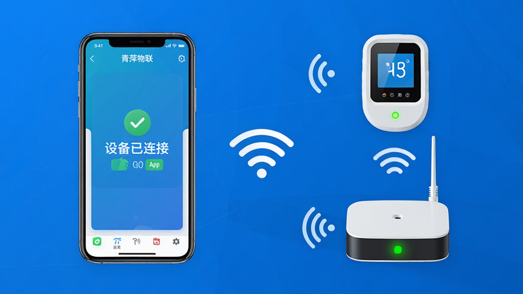 主体:手机和智能设备连接示意图,手机屏幕显示青萍物联App界面,旁边有温湿度计和网关设备,用无线信号图标连接。布局:手机在左,设备在右,中间用Wi-Fi符号连接。排版:简洁明了,图标化表达。风格:科技感,蓝色背景,白色线条。细节:手机屏幕显示“设备已连接”字样,设备显示绿灯。画质:高清,干净,无多余元素。