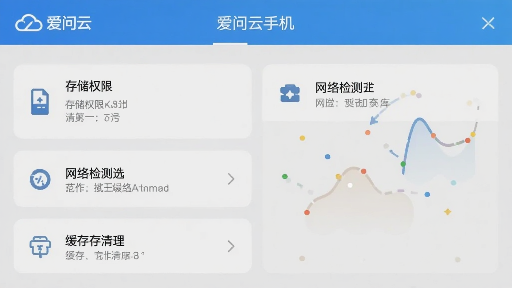 爱问云手机端设置界面,展示存储权限、网络检测、缓存清理等选项,界面简洁,功能排列整齐,背景为浅灰色,突出“爱问云”品牌,画质干净,无多余元素