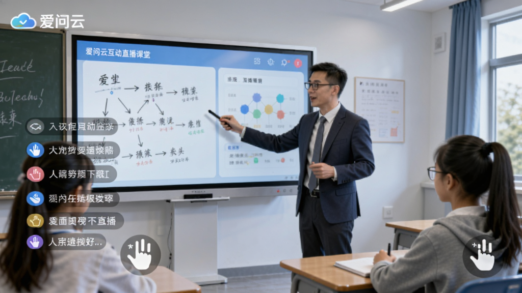 爱问云互动直播课堂场景,教师正在使用电子白板讲解知识点,学生通过弹幕和举手功能参与互动,界面显示“爱问云”品牌标识,课堂氛围活跃,画面明亮,科技感强,画质清晰,无多余元素