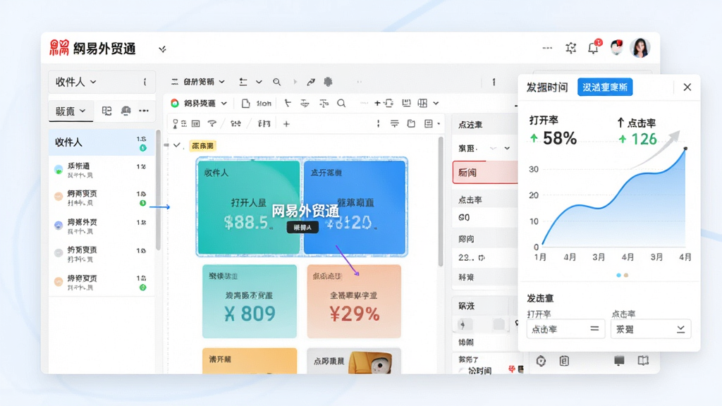 画面主体为“网易外贸通”邮件营销后台,中央显示邮件编辑器与拖拽式模板,右侧弹出数据图表展示“打开率”、“点击率”的上升曲线,色彩明亮,界面现代,布局侧重数据可视化,风格商务简洁,细节包含收件人列表、发送时间设置等,画质高清明亮,干净无多余元素