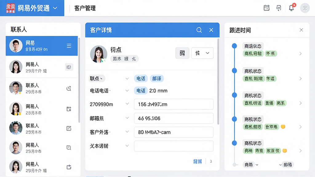 画面主体为“网易外贸通”客户管理界面截图,左侧为联系人列表,中间为可编辑的客户详情卡片,右侧为跟进时间轴与商机状态标记,界面风格扁平化,配色以清爽蓝白为主,布局清晰,信息层级分明,细节包含头像、标签、电话、邮箱等字段,画质细腻,干净无多余元素