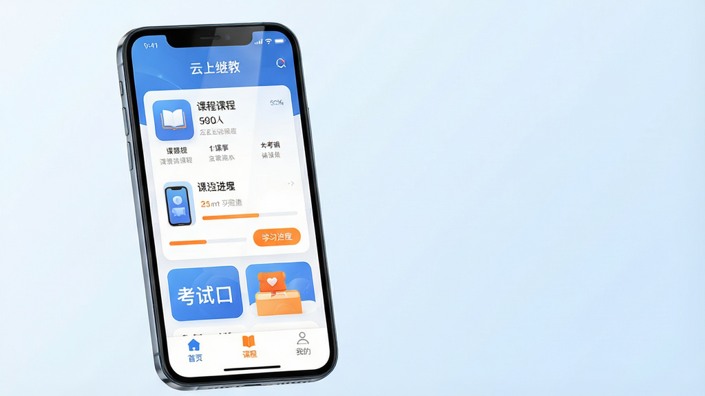 主体:一部亮屏的智能手机,屏幕中央显示“云上继教”App主界面,界面包含课程列表、学习进度条、考试入口等清晰模块。布局:手机位于画面中心偏左,右侧留白搭配浅蓝色渐层背景。排版:界面元素排列整齐,图标圆润,文字标签清晰可读。风格:现代扁平化,科技感与教育感并重,色彩以蓝白为主,点缀橙色按钮。细节:屏幕反射柔和光线,底部有“首页”“课程”“我的”三个导航栏,状态栏显示时间与信号。画质:高清渲染,干净无多余元素。