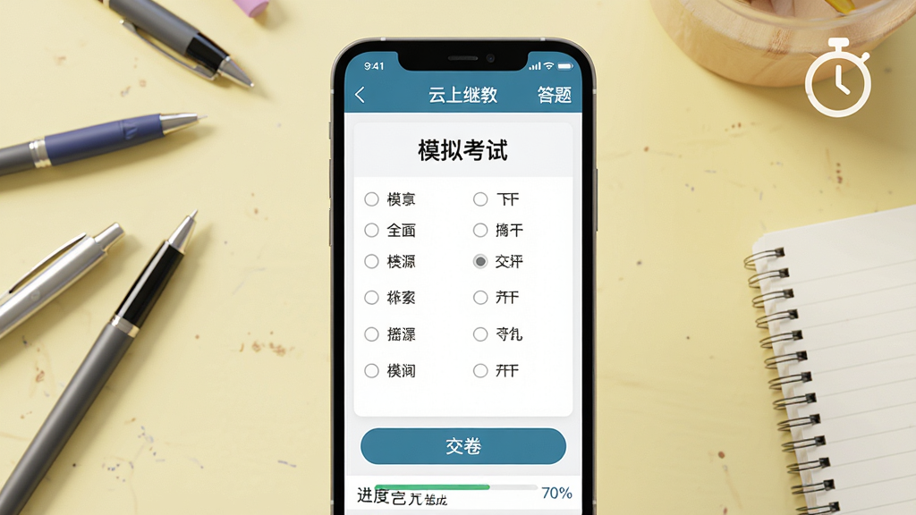 主体:手机屏幕展示“云上继教”答题界面,上方显示“模拟考试”字样,下方为选择题选项。布局:手机居中,背景为淡黄色书桌,散落几支笔和笔记本。排版:题目文字清晰,选项排列整齐,右上角有倒计时图标。风格:简洁实用,考试氛围。细节:屏幕上有“交卷”按钮,底部进度条显示已完成70%。画质:高清渲染,干净无多余元素。