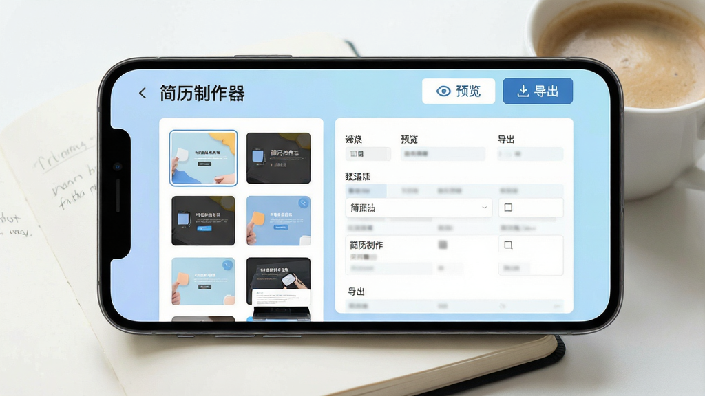 一张智能手机屏幕特写,屏幕中清晰显示“简历制作器”APP的编辑主界面,界面布局简洁,左侧是模板缩略图列表,右侧是表单填写区域,顶部有“预览”和“导出”按钮,背景为柔和的浅蓝色渐变,手机下方放着一本打开的笔记本和一杯咖啡,整体风格干净明亮,画质高清,无多余元素