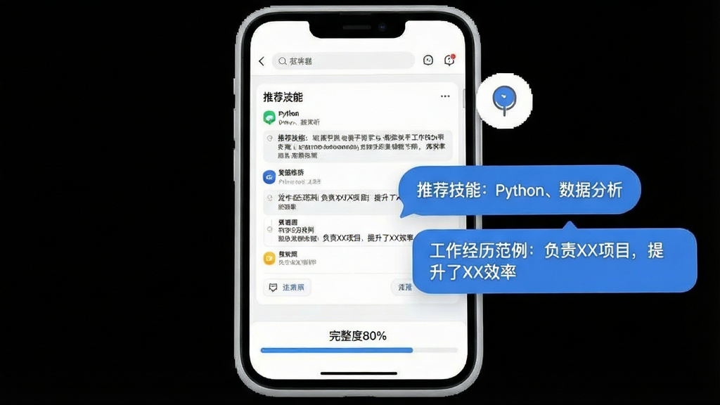 一张手机应用截图,显示简历制作器的编辑页面,右侧有浮动小助手图标,点击后弹出“推荐技能:Python、数据分析”、“工作经历范例:负责XX项目,提升了XX效率”等气泡提示,页面底部有进度条显示“完整度80%”,背景为纯白色,手机边框圆润,画质细腻,无多余元素