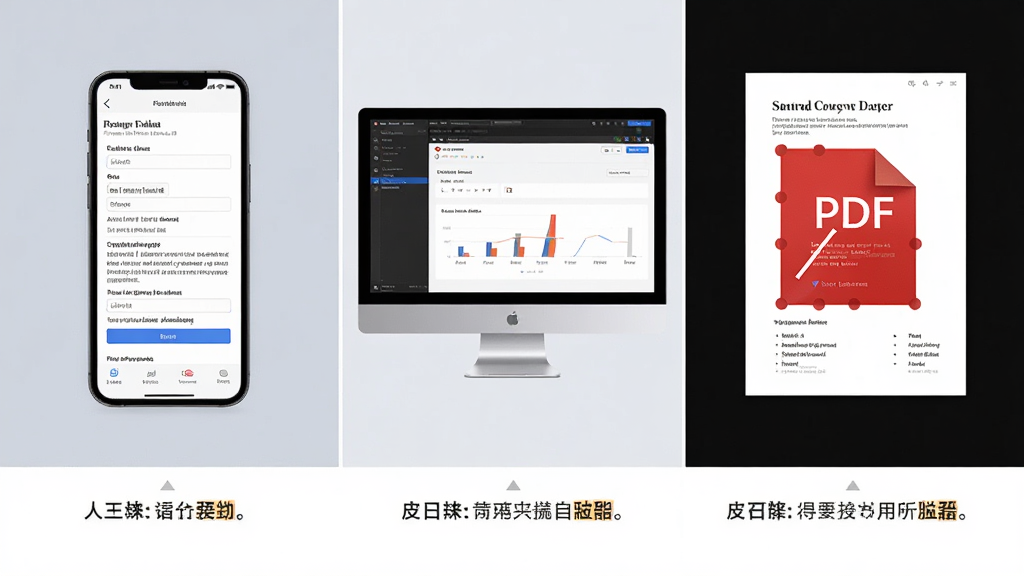 一组操作演示图片,第一张是手机端填写简历,第二张是电脑模拟器界面,第三张是导出PDF后的效果图,每张图片下方有简短文字说明,整体排列整齐,画质清晰,无多余元素
