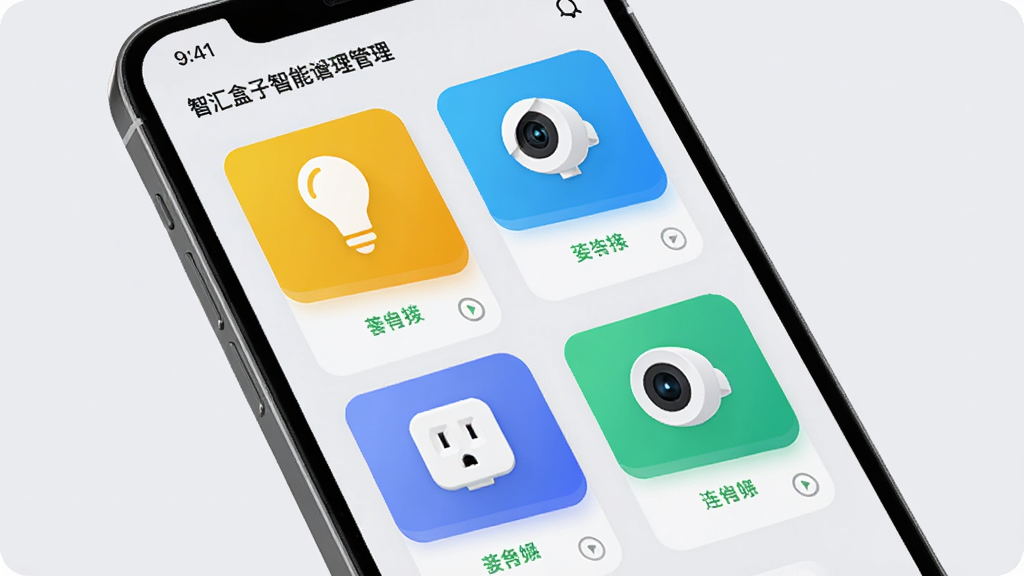 智汇盒子智能设备管理界面,手机屏幕展示多个设备图标,包括灯泡、插座、摄像头,每个设备显示连接状态,背景为浅灰色,界面简洁,图标色彩鲜明,整体风格科技感十足,画质清晰,无多余元素