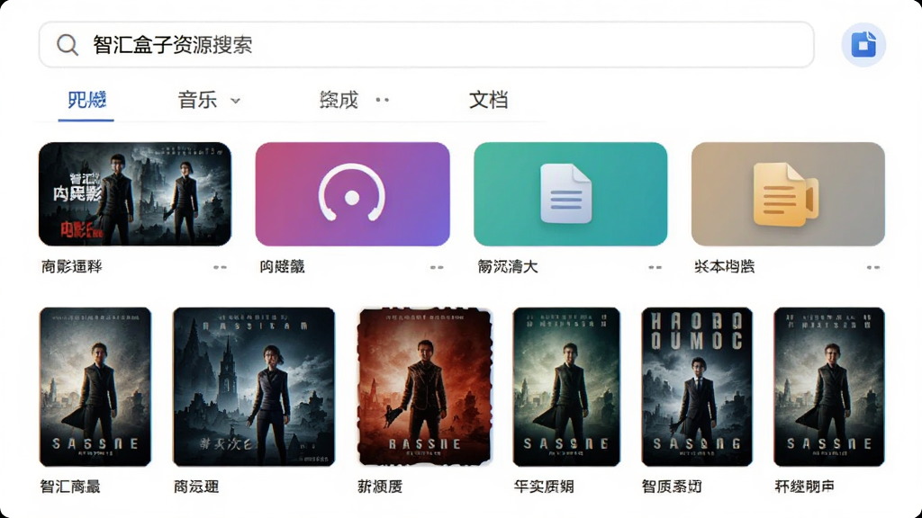 智汇盒子资源搜索界面,搜索框位于顶部,下方展示电影、音乐、文档等分类标签,中间为资源列表缩略图,包含封面与标题,整体布局整齐,背景为白色,风格清新简洁,画质高清,无多余元素