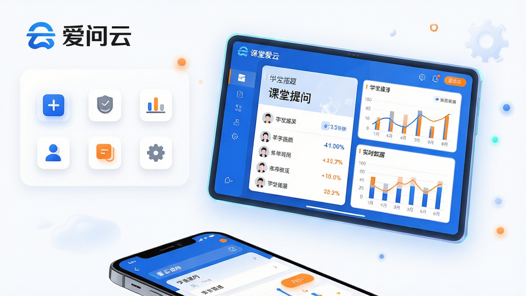 主体:爱问云软件的品牌标识与主界面展示,画面中央是一块悬浮的智能互动屏幕,屏幕内显示着课堂提问、学生列表和实时数据图表。布局:屏幕居于画面中心偏右,左侧是简洁的功能图标排列,下方是模拟的手机操作界面。排版:采用上下分层结构,上方为主视觉,下方为细节展示,整体留白得当。风格:现代科技感,扁平化设计结合微拟物元素,色彩以品牌蓝和白色为主,点缀橙色高亮。细节:屏幕边缘有微弱的发光效果,数据图表清晰可读,图标线条流畅。画质:高清渲染,干净,无多余元素。