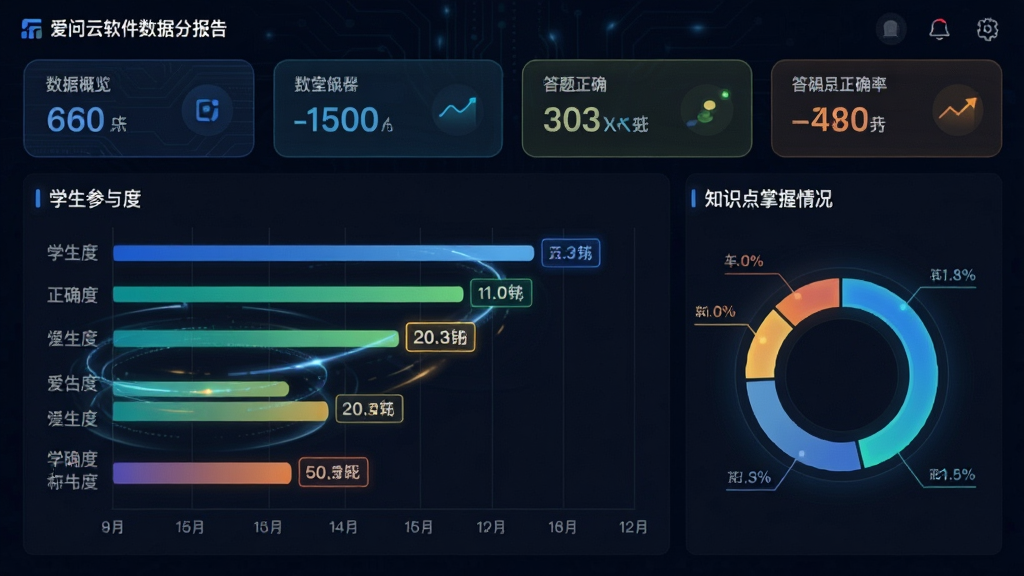 主体:爱问云软件生成的课堂数据分析报告界面,以图表形式展示学生参与度、答题正确率和知识点掌握情况。布局:报告页面采用横向柱状图与环形图组合,顶部为数据概览卡片。排版:数据模块分区明确,色彩搭配专业,突出关键数据。风格:商务科技风,深色背景搭配亮色数据,具有科技感。细节:图表带有动态效果,数值标签清晰,重点数据有高亮描边。画质:高清晰度,干净,无多余元素。