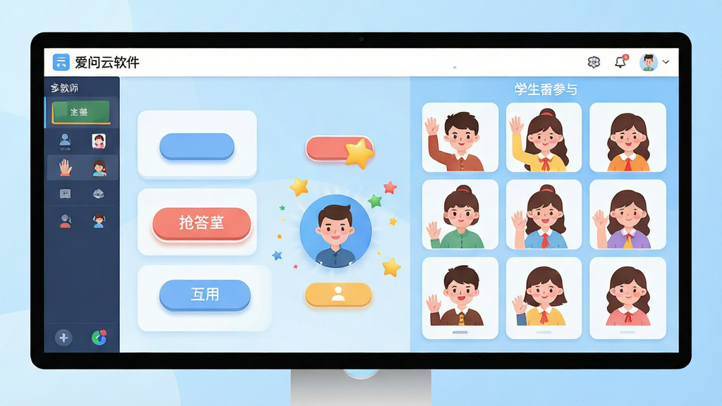 主体:爱问云软件界面上的互动功能演示,画面展示一个正在进行的课堂互动场景,屏幕上同时出现学生举手、抢答按钮和随机选人动画。布局:界面以中心对称布局,左侧是教师控制面板,右侧是学生参与区域。排版:功能按钮采用圆角卡片式排列,信息层级分明。风格:清新活泼的插画风与扁平UI结合,色彩明快,背景为淡蓝色渐变。细节:选人动画有星星特效,按钮带有轻微阴影,学生头像为卡通形象。画质:清晰细腻,干净,无多余元素。
