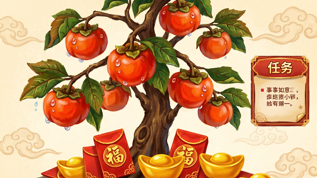 主体:《事事如意》游戏中的柿子主题关卡场景,多个红彤彤的柿子挂在枝头。布局:画面中央是一棵硕果累累的柿子树,树下有红包、金元宝等奖励道具,右侧有任务提示框。排版:层次分明,柿子树占据主体,奖励道具错落有致。风格:中国风手绘,色彩浓郁,红色、橙色、金色交织。细节:柿子上的露珠、树叶的脉络、红包上的“福”字都清晰可见,背景有祥云纹样。画质:高分辨率,画面细腻干净,无多余元素。