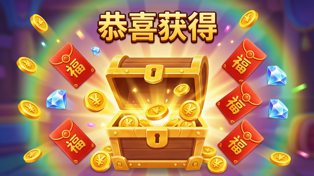 主体:《事事如意》游戏的奖励领取界面,宝箱开启瞬间,金币和红包飞溅。布局:画面中央有一个打开的宝箱,周围散落着金币、红包、钻石等奖励物品,上方有“恭喜获得”字样。排版:奖励物品呈放射状分布,文字醒目。风格:卡通渲染,色彩鲜艳,金色光芒四射。细节:宝箱内部有发光效果,金币上有“¥”符号,红包上有“福”字,背景有彩色光晕。画质:高清流畅,画面干净无多余元素。