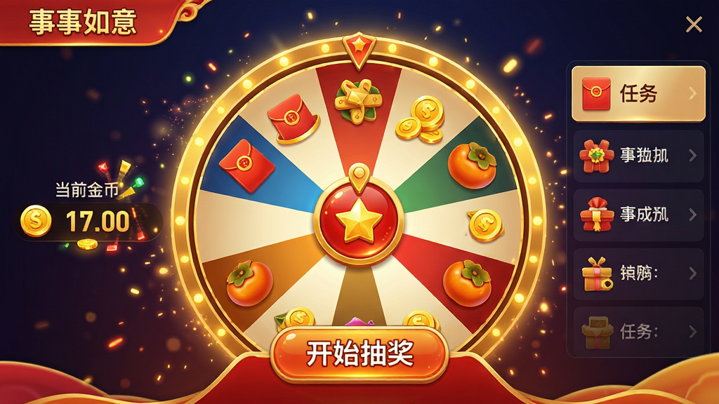 主体:《事事如意》游戏中的赚钱任务界面,一个巨大的转盘占据画面中央。布局:转盘周围有“开始抽奖”按钮,左侧显示当前金币数量,右侧有任务列表。排版:转盘醒目,按钮清晰,金币数字动态跳动。风格:UI设计现代化,色彩明亮,金色和红色搭配。细节:转盘上的奖品图标(红包、金币、柿子)精致,边缘有发光效果,背景有粒子光效。画质:超清画质,界面干净无多余元素。