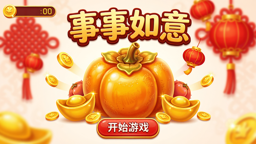 主体:《事事如意》游戏主界面,一个巨大的金色柿子位于画面中央,表面泛着诱人的光泽。布局:柿子周围环绕着金币、元宝、红灯笼等元素,上方有“事事如意”四个大字标题,下方有“开始游戏”按钮。排版:界面简洁清晰,按钮醒目,金币数量显示在左上角。风格:卡通渲染,色彩鲜艳,红色和金色为主色调,充满节日喜庆氛围。细节:柿子表面有细腻的纹理和光影效果,金币闪闪发光,背景有模糊的红色中国结图案。画质:4K超高清,画面干净,无多余元素。