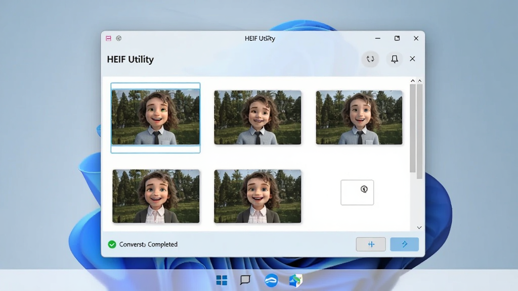 һ��չʾHEIF Utility��Windows 11ϵͳ�����еĽ�ͼ������Ϊ���������棬�������ھ�����ʾ���������С�HEIF Utility��������������չʾ�˼���HEIFͼƬ������ͼ������ʾת����ɵ�״̬������ɫ����ͣ������������޶���Ԫ�ء�
