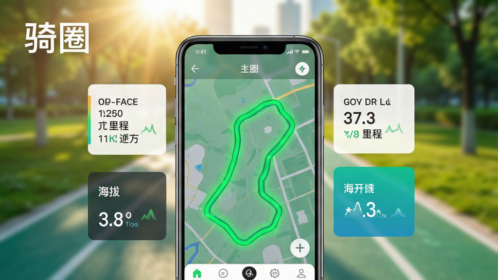 一张展示骑圈app主界面的高清宣传图,画面中央是一部智能手机,屏幕内清晰显示骑圈软件的地图骑行轨迹记录界面,轨迹线条以亮绿色高亮显示,周边环绕着速度、里程、海拔等动态数据卡片,手机背后是虚化的城市公园绿道背景,阳光洒落,整体风格现代、动感、充满活力,画质清晰干净,无多余元素,文字标注“骑圈”字样。