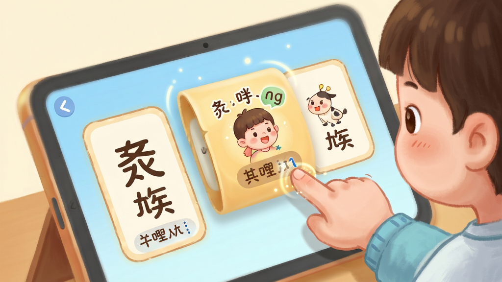 汉字卡趣味互动学习场景演示,主体为一个孩子用手指点击屏幕上的汉字卡片,卡片随之翻转并出现对应的动画和发音,布局生动活泼,排版富有动感,风格卡通可爱,细节上体现了触控操作与动画反馈,画质细腻柔和,无多余元素