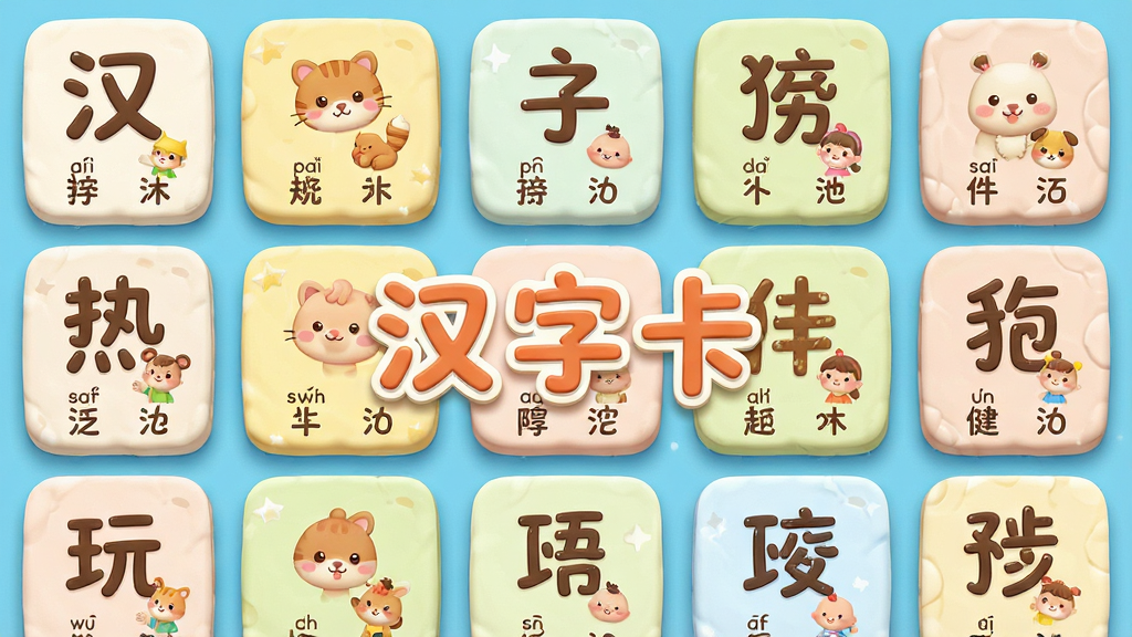 汉字卡应用主界面概览图,展示其儿童友好的UI设计,色彩明亮柔和,主体为卡通风格汉字卡片墙,卡片上印有汉字、配图及拼音,布局整齐,排版采用圆润可爱的字体,整体风格清新活泼,细节上突出卡片的立体质感,画质高清干净,无多余元素,文字标识为“汉字卡”