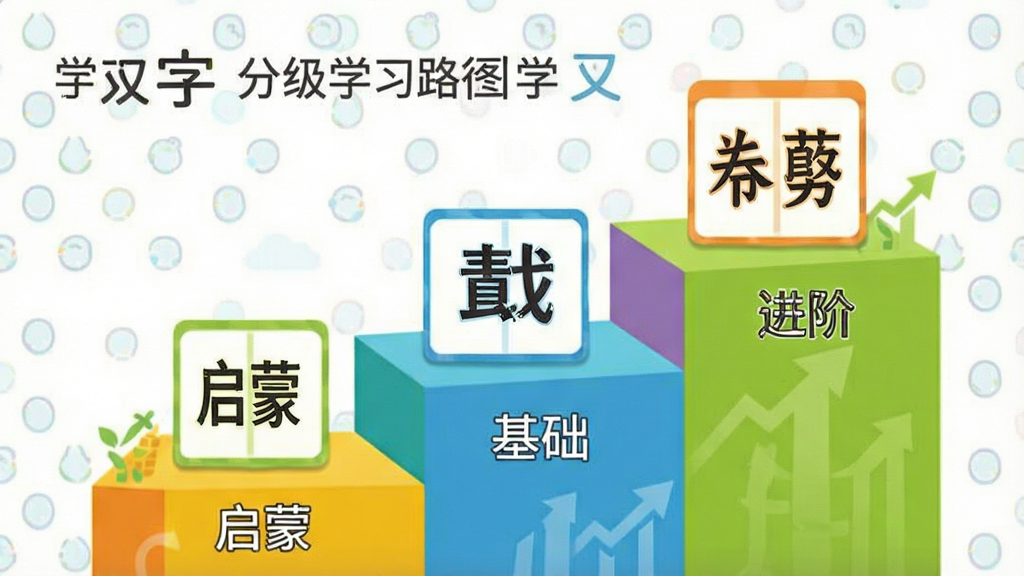 汉字卡科学分级学习路径示意图,主体为阶梯式上升的彩色路径,每一级台阶上放置着不同难度的汉字卡片,布局清晰,排版具有逻辑性,风格扁平化且色彩鲜明,细节上标注了“启蒙”、“基础”、“进阶”等字样,画质干净明亮,无多余元素