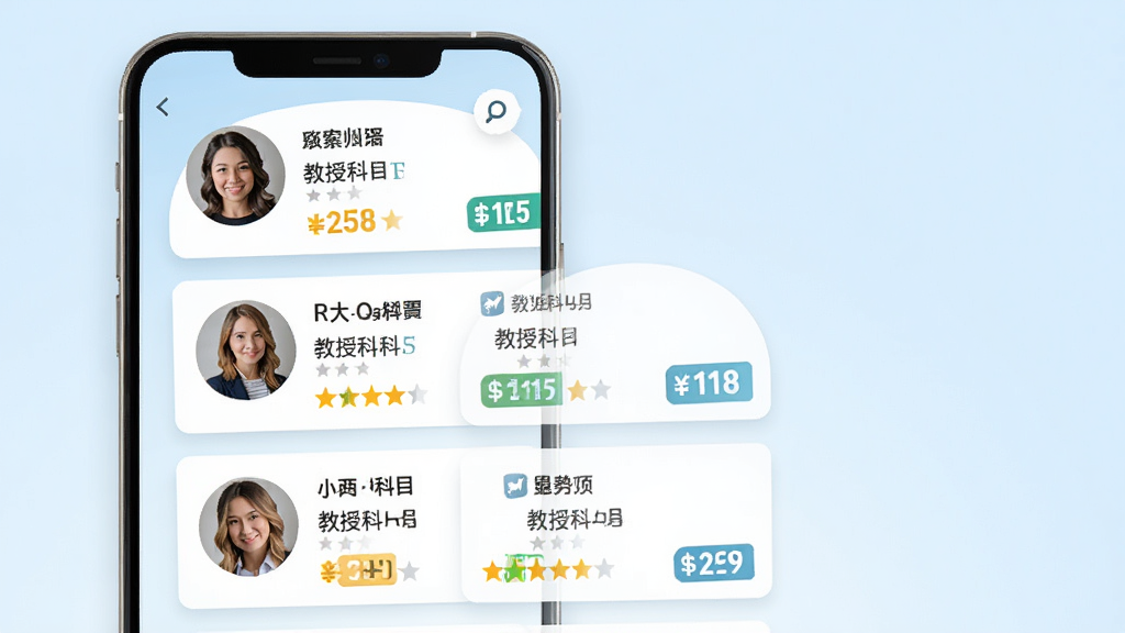 Superprof应用内导师列表页预览图,主体为手机竖屏界面展示多位导师卡片,每张卡片包含头像、姓名、教授科目与评分星级。布局采用垂直列表排列,背景为淡蓝色渐变,风格清新简洁,突出信息层次感。细节上头像圆形裁剪、价格标签醒目,画质干净细腻,无多余文字遮挡,整体呈现专业可信赖的找老师体验