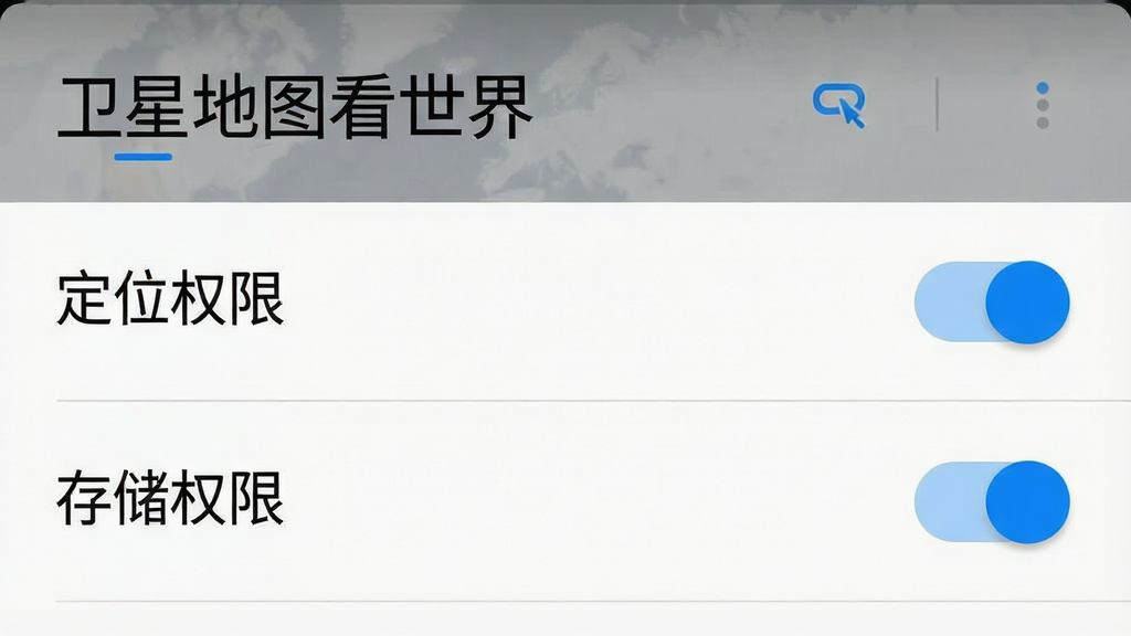 一张手机截图风格的图片,主体是“卫星地图看世界”的设置页面,界面上显示“定位权限”和“存储权限”的开关按钮,布局为典型安卓设置列表样式,排版清晰,风格简洁写实,细节包含蓝色高亮开关,画质干净,无多余元素