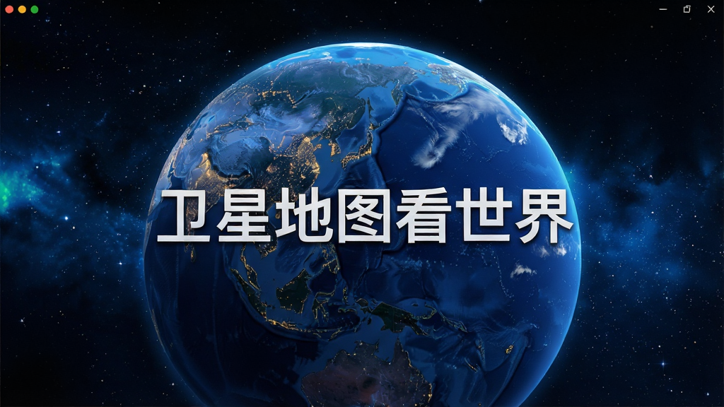 一幅展示“卫星地图看世界”软件主界面的高清截图,主体是3D旋转的蓝色星球,上面清晰标注着“卫星地图看世界”字样,背景为深空繁星,布局居中,排版简洁大气,风格科技感十足,细节上显示了城市灯光与云层效果,画质细腻干净,无多余元素