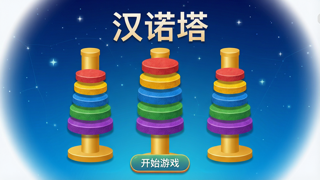 主体:汉诺塔游戏主界面,三根金色柱子上叠放着5个色彩鲜明的圆盘,从上到下依次为红、黄、蓝、绿、紫,背景是渐变蓝色星空。布局:游戏界面居中,上方显示“汉诺塔”三个大字,底部有“开始游戏”按钮。排版:简洁清晰,圆盘大小层次分明,柱子间距均等。风格:现代扁平化设计,色彩饱和度高,带有微弱的阴影效果。细节:圆盘表面有细腻的纹理,柱底有圆形底座,界面四周有柔和的光晕。画质:4K超清,干净无多余元素。