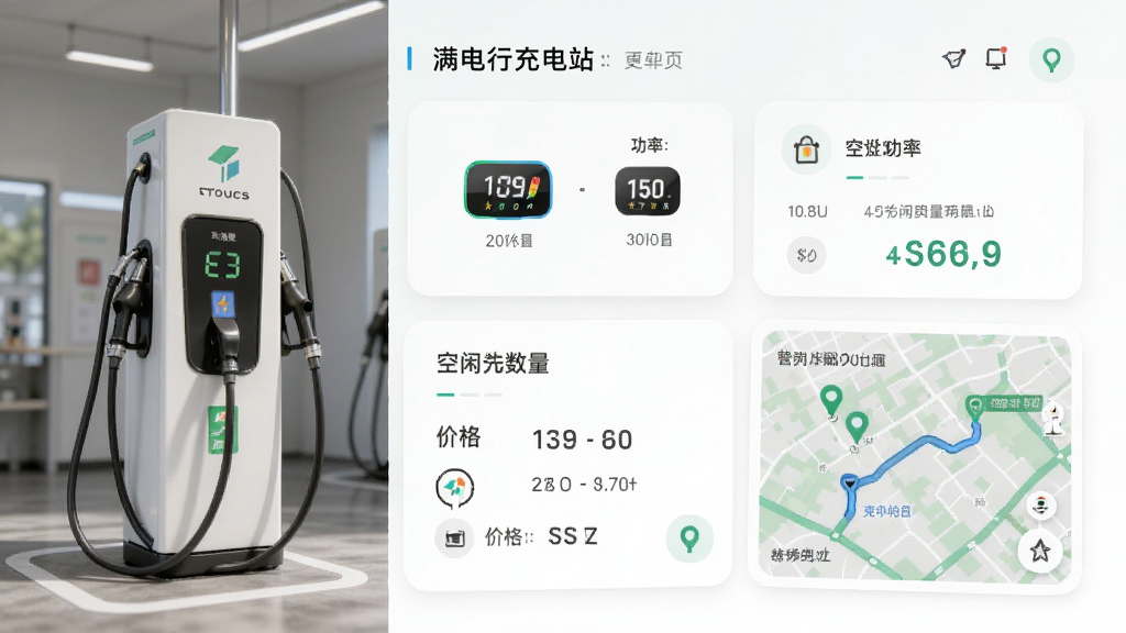 满电行充电站详情页,展示充电桩类型、功率、空闲数量、价格,地图导航路线清晰,界面信息层级分明,采用卡片式布局,色彩舒适,画质细腻,干净,无多余元素
