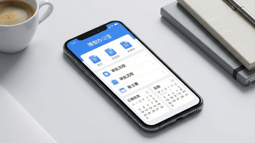 主体:一款名为“臻智办公宝”的智能手机应用界面展示,手机屏幕中央显示软件主界面,包含清晰的文档图标、审批流程列表与日程日历模块。布局:手机呈45度角倾斜放置,背景为干净的浅灰色办公桌面,旁边放有一杯咖啡与几本笔记本。排版:应用界面UI设计简洁现代,采用蓝白主色调,功能图标排列整齐有序,屏幕上方显示“臻智办公宝”字样。风格:写实产品渲染风格,光线柔和,细节丰富,画质高清,干净无多余元素。
