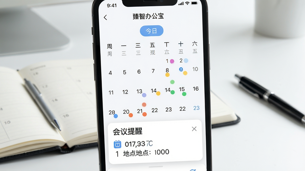主体:手机展示“臻智办公宝”的日历月视图,某几天有彩色圆点标记,底部弹出“会议提醒”卡片。布局:手机屏幕特写,背景为简洁的室内办公桌,桌面有日程本与笔。排版:日历界面以周一为起始,顶部有“今日”按钮,提醒卡片显示会议时间与地点。风格:清新浅色UI设计,强调视觉层次,画质细腻,干净无多余元素。