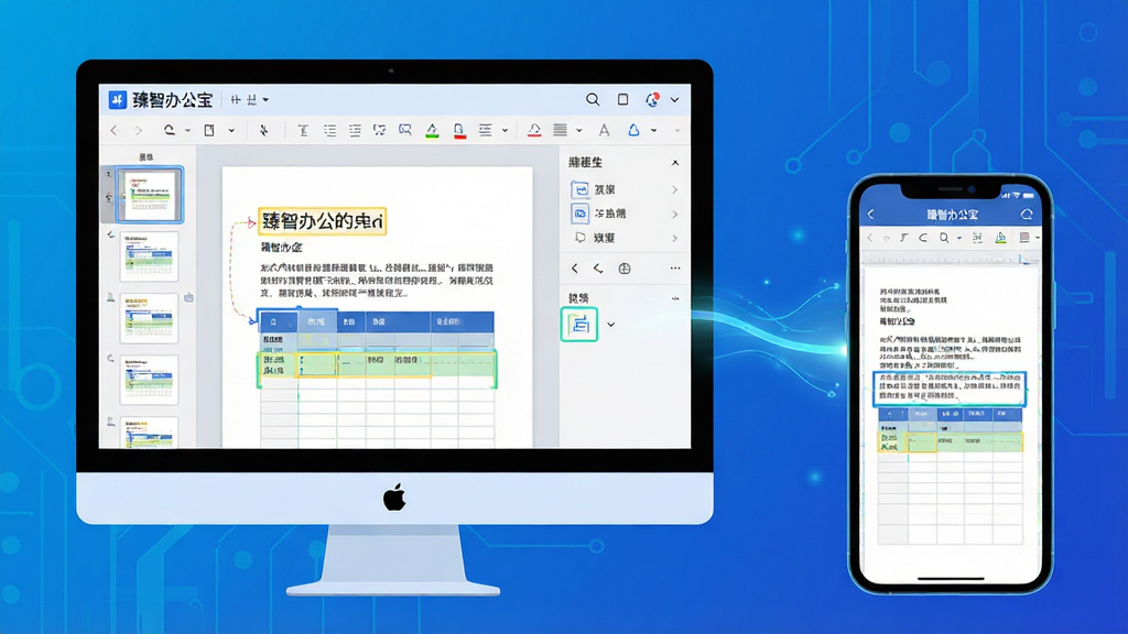 主体:电脑屏幕与手机屏幕并列展示“臻智办公宝”的文档编辑界面,屏幕中显示文字与表格内容正在被高亮编辑。布局:电脑位于画面左侧,手机位于右侧,两者通过一条发光的线条示意数据同步。排版:界面展示工具栏、缩略图导航栏和编辑区,文档内容清晰可辨,背景为渐变蓝色科技感氛围。风格:现代科技扁平插画风格,色彩明快,线条简洁,画质干净,无多余元素。