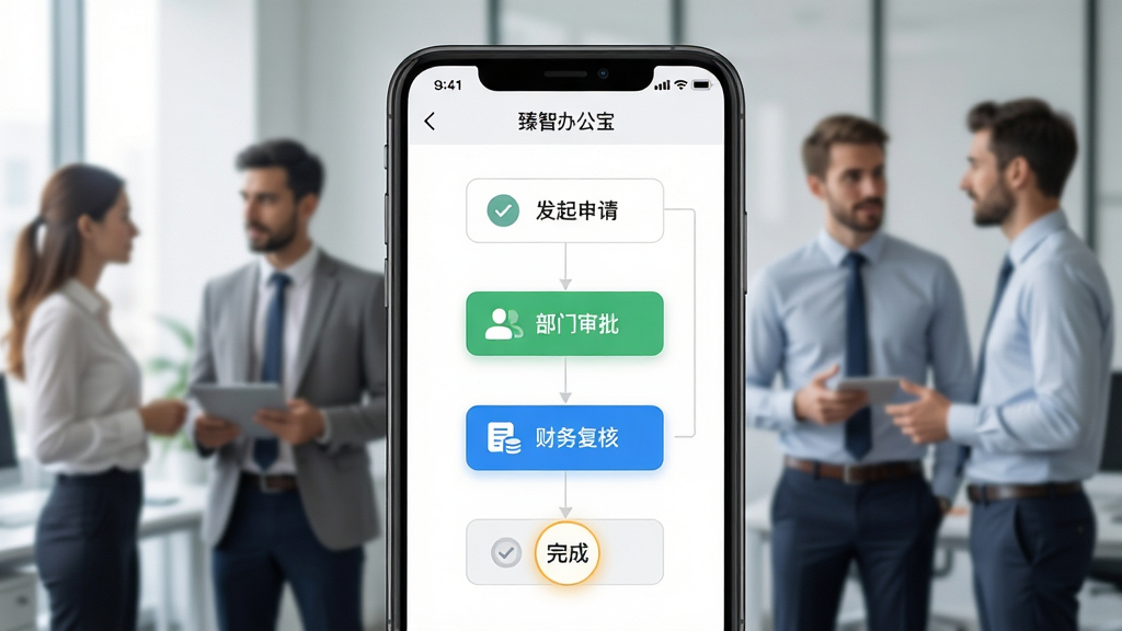 主体:“臻智办公宝”的审批流程界面,屏幕显示一个流程图,包含“发起申请”、“部门审批”、“财务复核”、“完成”节点,当前节点高亮显示。布局:手机屏幕居中,背景是模糊的办公室环境,有几位白领在交流。排版:界面顶部有“审批中心”标题,每个节点配有图标与状态颜色,整体布局清晰直观。风格:半写实风格,手机屏幕内容为主视觉,背景适度虚化,画质高清,干净。