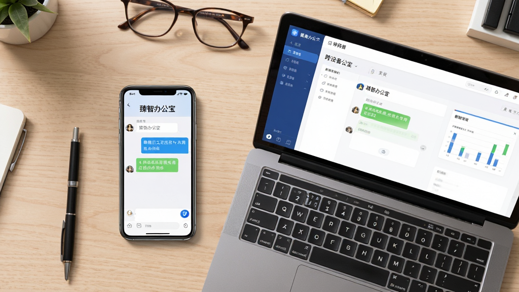 主体:一张智能手机与一台笔记本电脑并排摆放的俯视图,手机屏幕显示“臻智办公宝”的聊天界面,电脑屏幕显示同一软件的后台管理界面。布局:俯视角度,设备位于浅木色桌面上,周围有笔、眼镜等办公用品。排版:画面整洁,强调“跨设备协同”概念。风格:写实摄影风格,自然光照明,色彩温和,画质高清,干净。