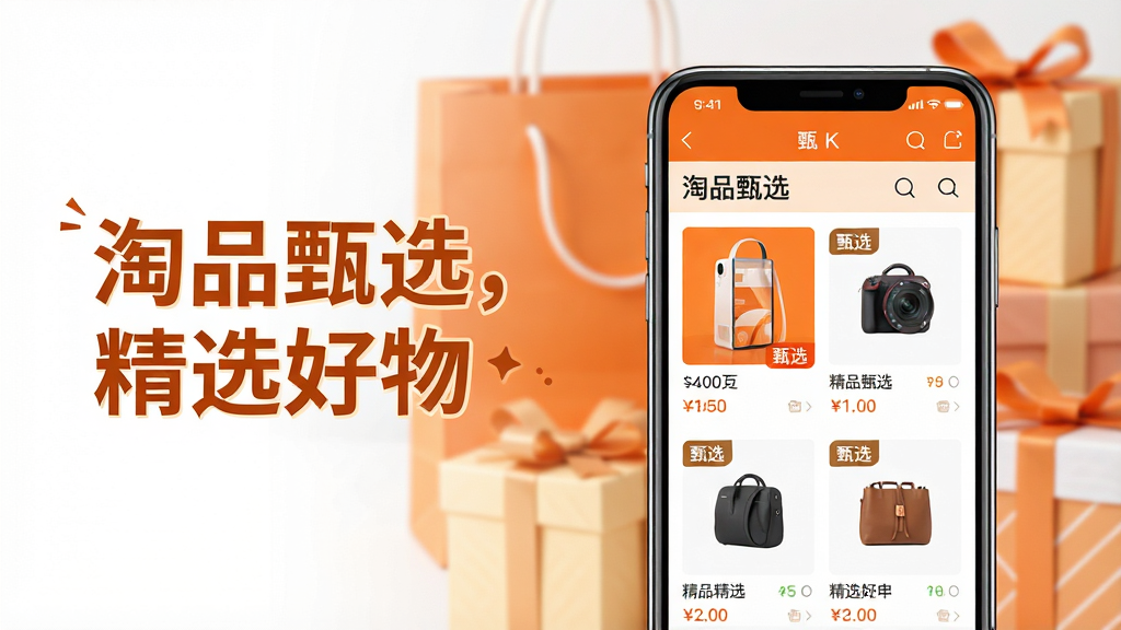 主体:一部亮着屏幕的智能手机,屏幕上显示着名为“淘品甄选”的购物APP主界面,界面布局清晰,展示着各类精选商品。布局:手机位于画面中央偏右,左侧留白处用艺术字写着“淘品甄选,精选好物”的标语。排版:前景为手机特写,背景为虚化的购物袋、礼盒等元素,营造出购物氛围。风格:现代扁平化设计风格,色彩明快,以橙色和白色为主色调。细节:手机屏幕上的商品图片清晰可见,并配有价格标签和“甄选”字样。画质:8K超高清画质,画面干净,无多余元素。