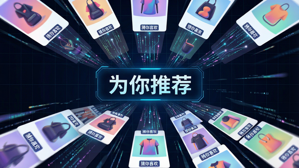 主体:一个由数据流和商品图片组成的个性化推荐界面,中心显示“为你推荐”四个字。布局:商品图片以瀑布流形式从顶部向下延伸,汇聚到中心。排版:背景为深色科技感网格,UI元素呈现未来风格。风格:科技感插画风,色彩绚丽但不刺眼。细节:每张商品图片下方都有“猜你喜欢”的小标签。画质:高清晰度,画面富有动感,无杂乱元素。