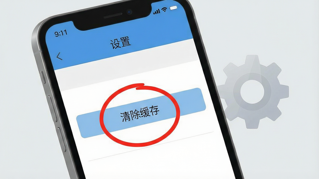 主体:一部手机屏幕上显示“设置”界面,其中“清除缓存”选项被高亮标记。布局:手机屏幕占画面主体,右侧有一个半透明的齿轮图标。排版:背景为浅灰色,突出手机屏幕内容。风格:简洁的UI示意图风格。细节:手机屏幕上的“清除缓存”按钮被红色圆圈标注。画质:高清晰度,重点突出,无多余元素。