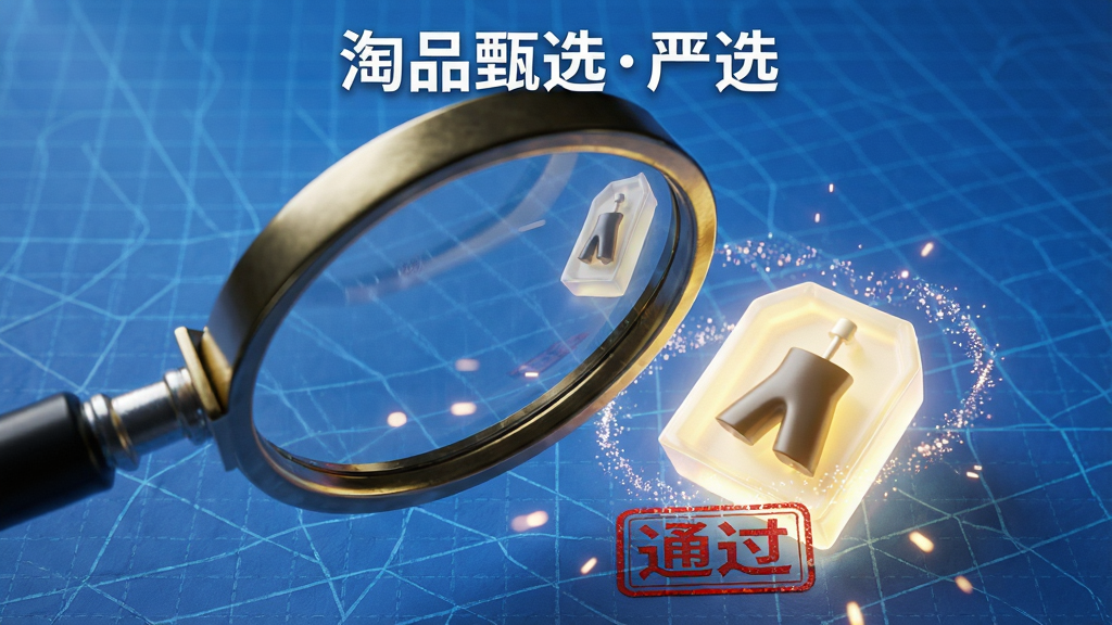 主体:一张巨大的放大镜正在仔细审查一件发光的商品,商品下方有“通过”印章。布局:放大镜位于左上方,商品位于右下方,形成对角线构图。排版:背景为简洁的蓝色网格纸,上方有“淘品甄选严选”字样。风格:3D渲染风格,光影效果突出,质感强烈。细节:放大镜镜片上反射出商品细节,商品周围有粒子光效。画质:高分辨率,画面锐利,干净无多余元素。