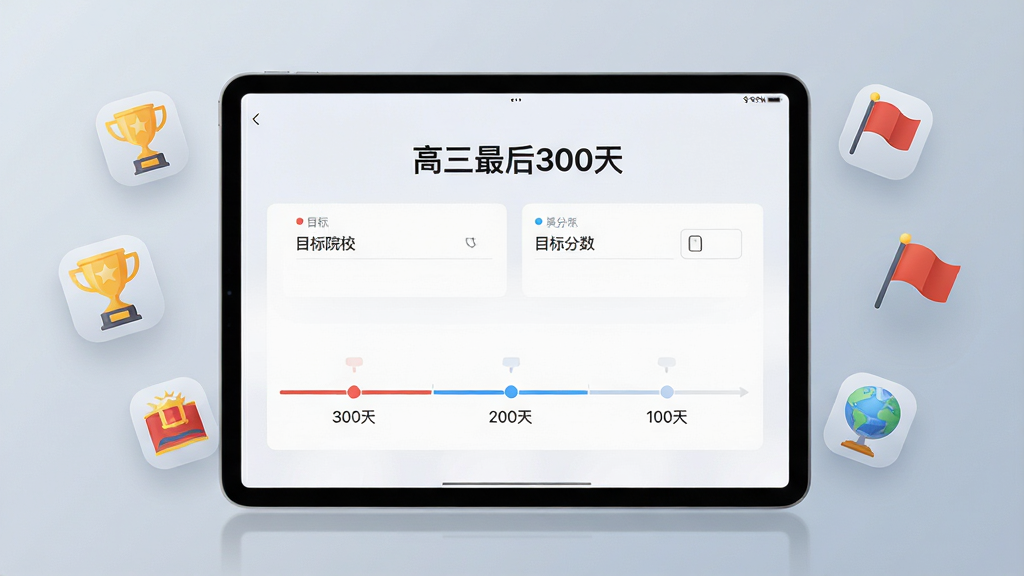 高清截图风格图片,画面中央是一台平板电脑,屏幕展示“高三最后300天”软件的目标设定页面,可见“目标院校”、“目标分数”输入框,下方为一条时间轴,标注着“300天”、“200天”、“100天”节点。平板周围悬浮着奖杯、旗帜等图标,背景为浅灰蓝渐变。布局居中,排版清晰,风格写实结合UI界面,画质细腻,干净无多余杂物。
