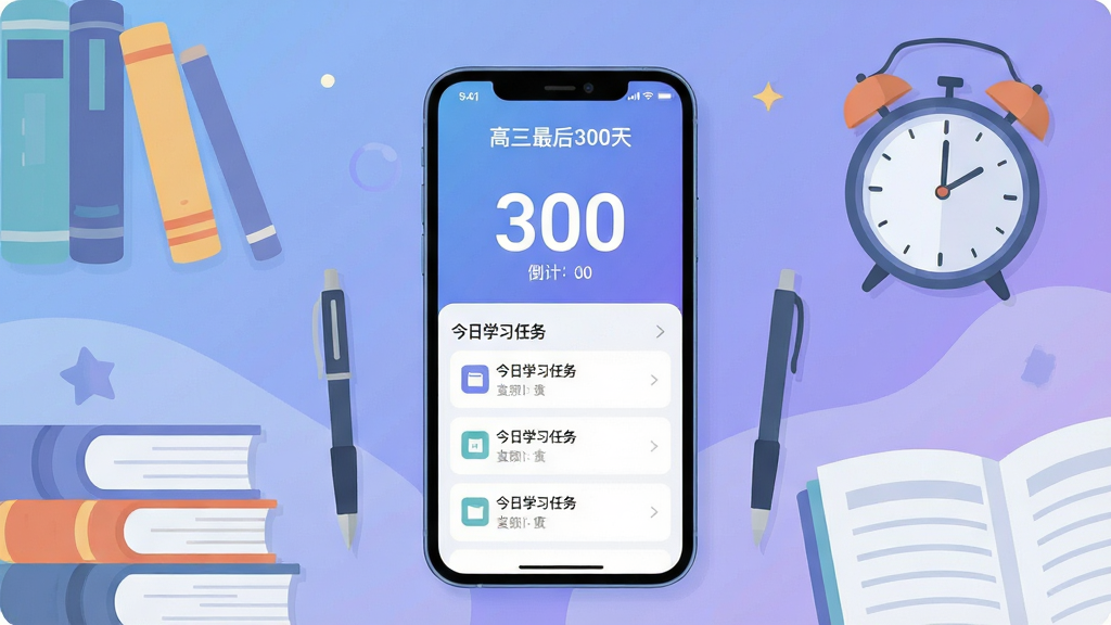 画面主体为一部亮着屏幕的智能手机,屏幕中清晰显示“高三最后300天”APP主界面,界面包含倒计时数字“300”和今日学习任务列表。手机周围环绕着书本、笔、时钟等学习元素,背景为柔和的渐变蓝紫色,营造出宁静专注的氛围。整体布局居中,排版简洁,风格为现代扁平化插画,画质高清干净,无多余元素。
