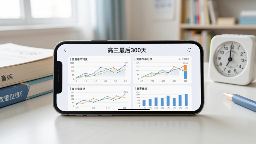 手机横屏显示“高三最后300天”的学习报表界面,屏幕上有多条折线图与柱状图,手机置于一张整洁的书桌上,旁边放着几本教科书与一个计时器。背景为明亮的室内学习场景,风格为写实摄影与UI结合,画质清晰,构图居中,无多余元素。