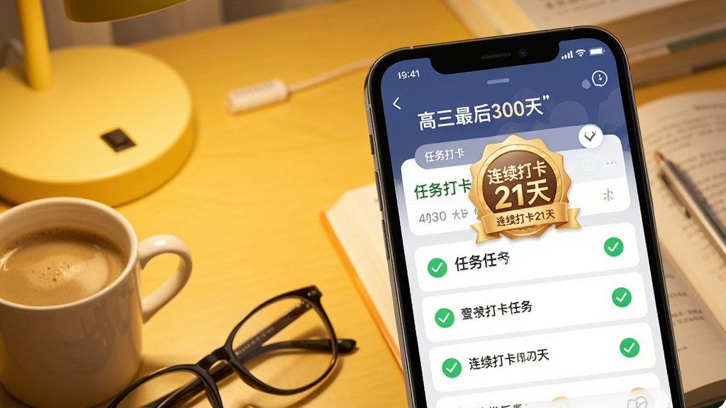 图片展示手机“高三最后300天”应用的任务打卡界面,界面上有多个已完成的任务项,打上了绿色对勾,并显示“连续打卡21天”的勋章。手机左下方放着一杯咖啡和一副眼镜,背景为暖黄色的书桌,营造出努力学习后的满足感。排版简洁,风格为写实摄影与UI融合,画质清晰,画面干净,无多余文字。