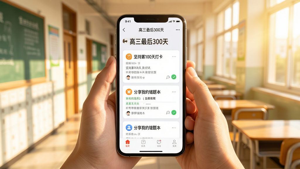 手机屏幕显示“高三最后300天”的社区页面,页面中有一条条卡片式帖子,标题如“坚持第100天打卡”、“分享我的错题本”。手机被一双捧着的手托住,背景为充满阳光的教室走廊,风格温暖明亮,UI界面清晰,布局居中,画质干净,无多余元素。