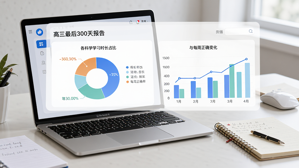 展示“高三最后300天”应用的数据报告页面,页面中有饼状图和柱状图,分别显示各科学习时长占比与每周正确率变化。图片背景为简洁的办公桌面,放有笔记本电脑和纸质笔记,风格为现代UI与写实结合,排版清晰,画质高清,无多余元素。
