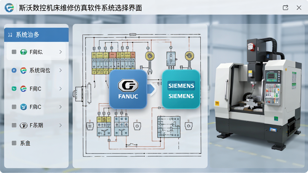 功能展示图:斯沃数控机床维修仿真软件系统选择界面,屏幕中央显示FANUC与SIEMENS两种系统切换图标,背景为机床电气原理图,布局简洁大气,采用左右分栏排版,左侧系统列表,右侧机床外观渲染图,风格为现代扁平化结合拟物细节,强调工业感,画面干净,无多余元素