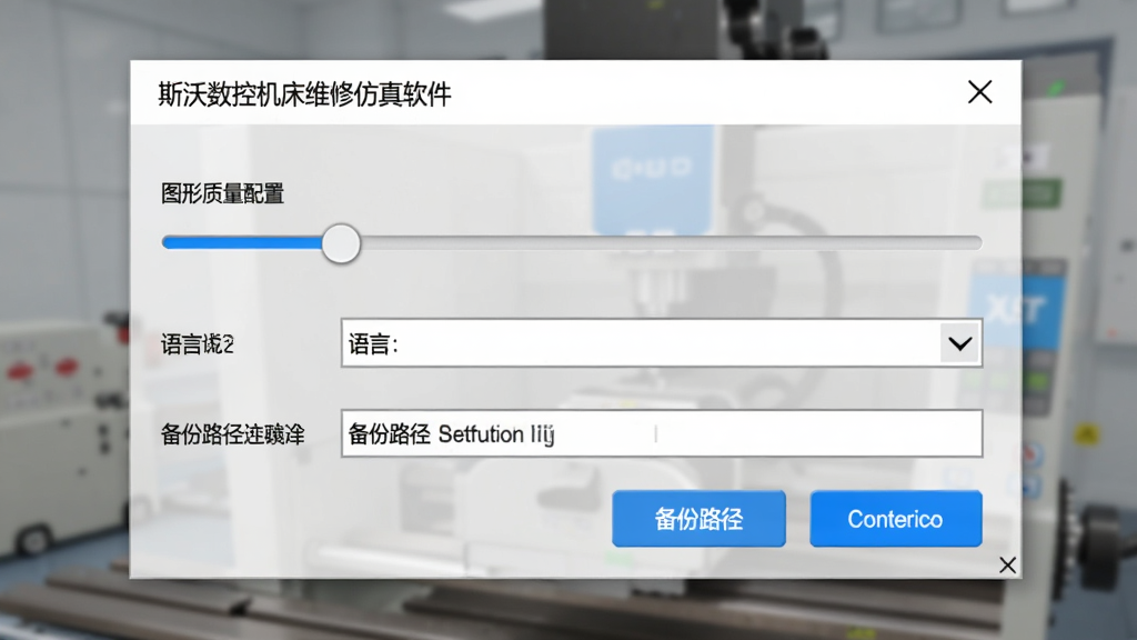 设置页截图:斯沃数控机床维修仿真软件的系统参数配置窗口,包含图形质量滑块、语言选择下拉菜单、备份路径设置栏,窗口设计简洁,文字清晰可见,背景应用模糊效果,整体色调为浅灰搭配蓝色高亮按钮,排版整齐,画质细腻干净无多余元素