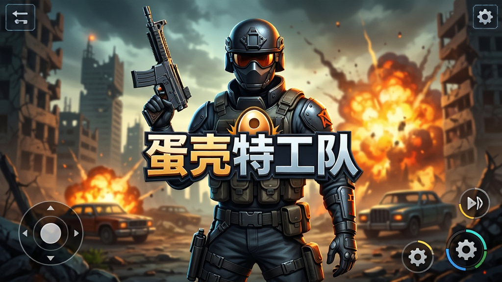 主视觉图:蛋壳特工队无限资源版游戏主界面,一名全副武装的特工角色持枪站立,背景是废土城市废墟与远处爆炸火光,画面中央悬浮游戏Logo“蛋壳特工队”,UI布局为典型手游竖屏风格,色彩浓烈对比鲜明,画质高清细腻,干净无多余元素