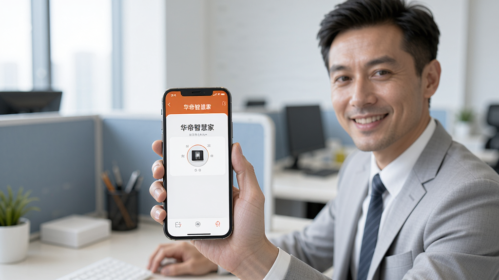 一位商务男士坐在办公室工位前,手中拿着智能手机,屏幕上显示华帝智慧家App的远程控制面板,面板上有“华帝智慧家”字样和灶具开关按钮,男士面带微笑,背景是模糊的办公环境,构图突出手机屏幕内容,光线明亮,画质高清,干净无杂物。