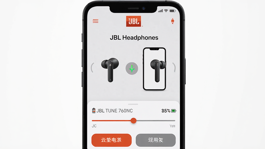 主体:一部智能手机屏幕显示“JBL Headphones”应用主界面,界面简洁现代,上方有JBL品牌标识,中部展示一款JBL无线蓝牙耳机与手机连接状态图标,下方有均衡器调节滑块和功能按钮,布局居中,排版清晰,风格科技感与时尚感结合,细节包括耳机型号文字“JBL TUNE 760NC”、电量百分比显示,画质高清,干净,无多余元素